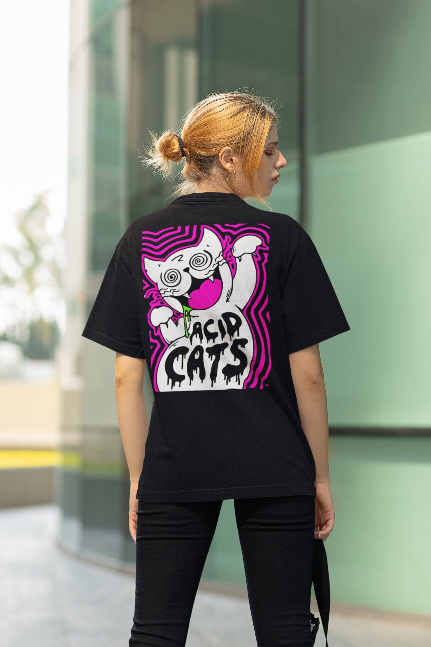 Acid Cat tee with trippy acid fashion graphic for rave and festival wear