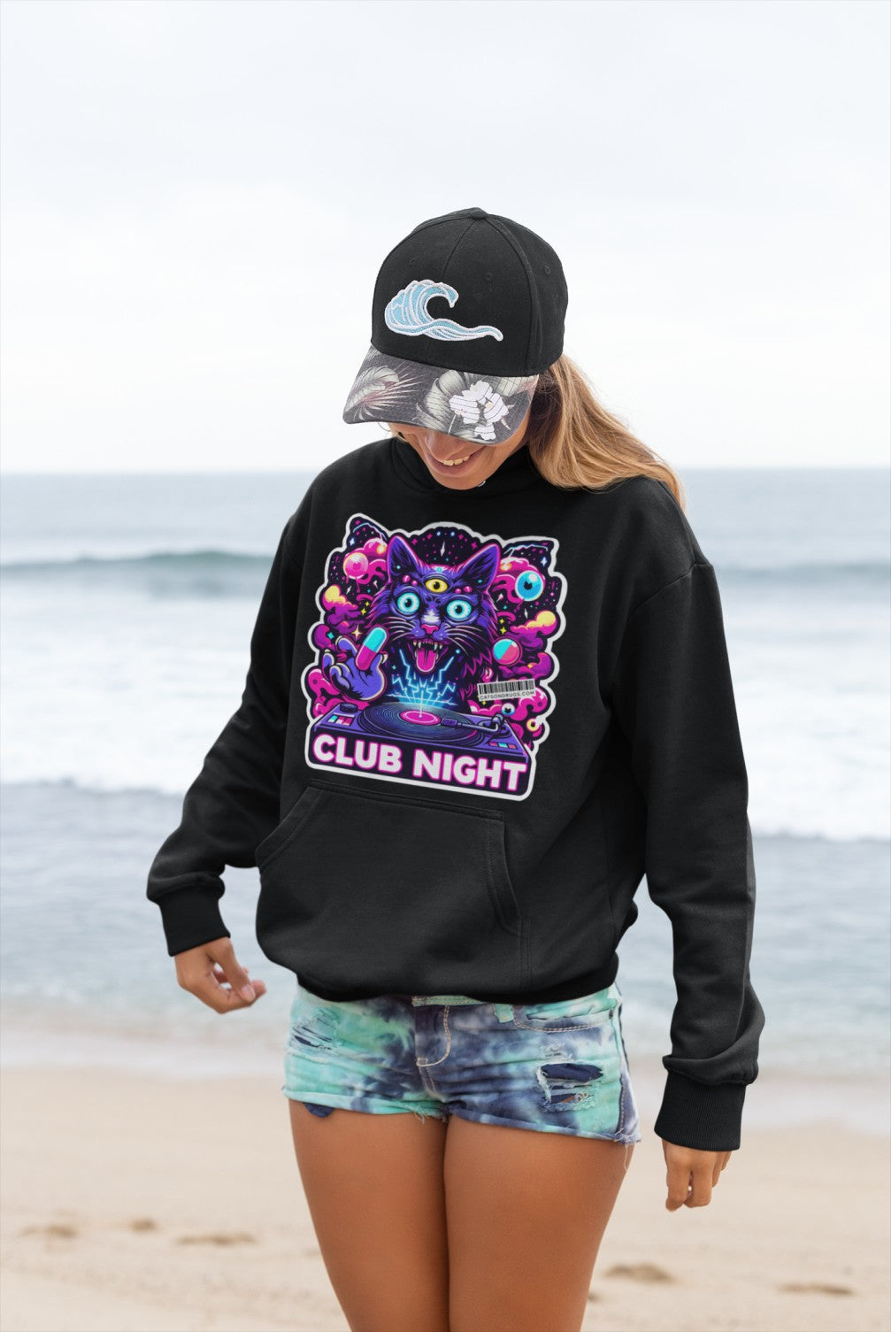 Acid Clothing hoodie side profile showing sleeve fit and hood detail