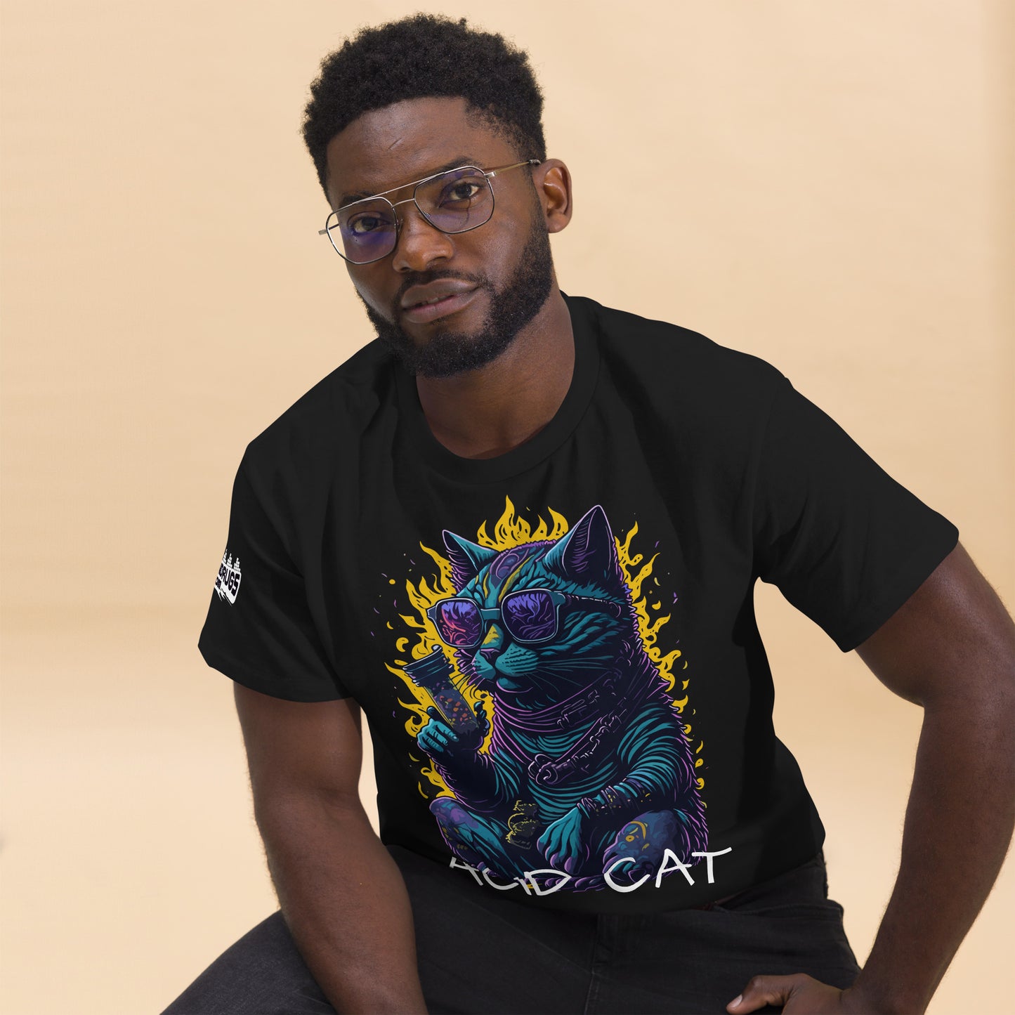 Acid T-Shirt close-up of neon psychedelic cat print