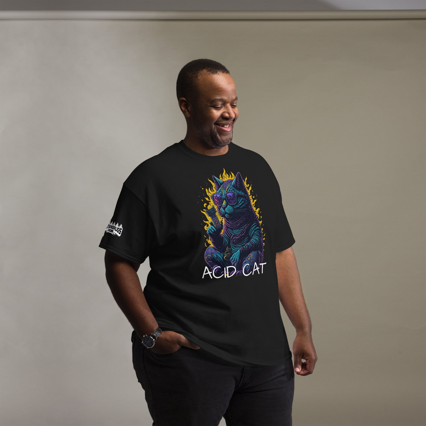 Acid T-Shirt laid flat with bold Acid Cat graphic