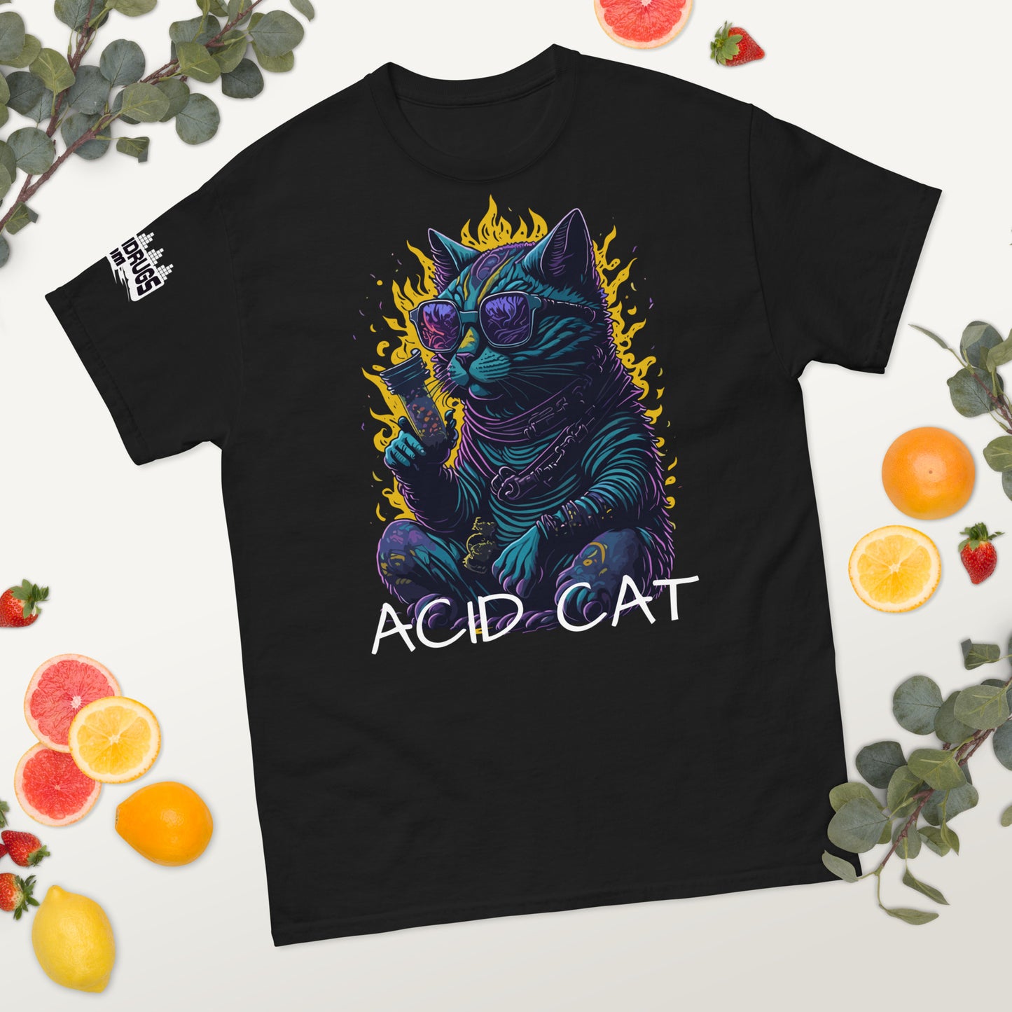 Acid T-Shirt streetwear look with psychedelic neon cat print