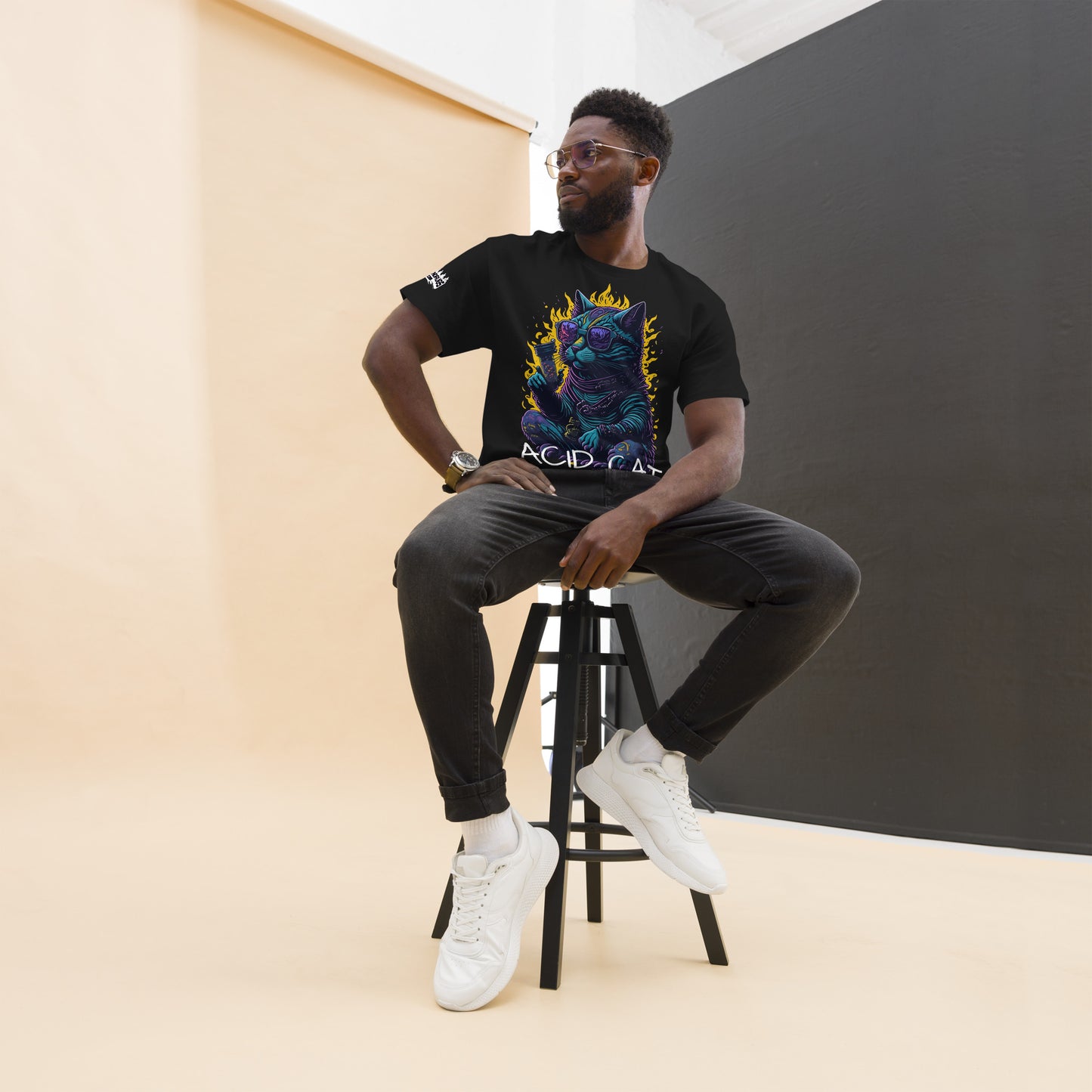Acid T-Shirt styled on mannequin showing colorful cat artwork