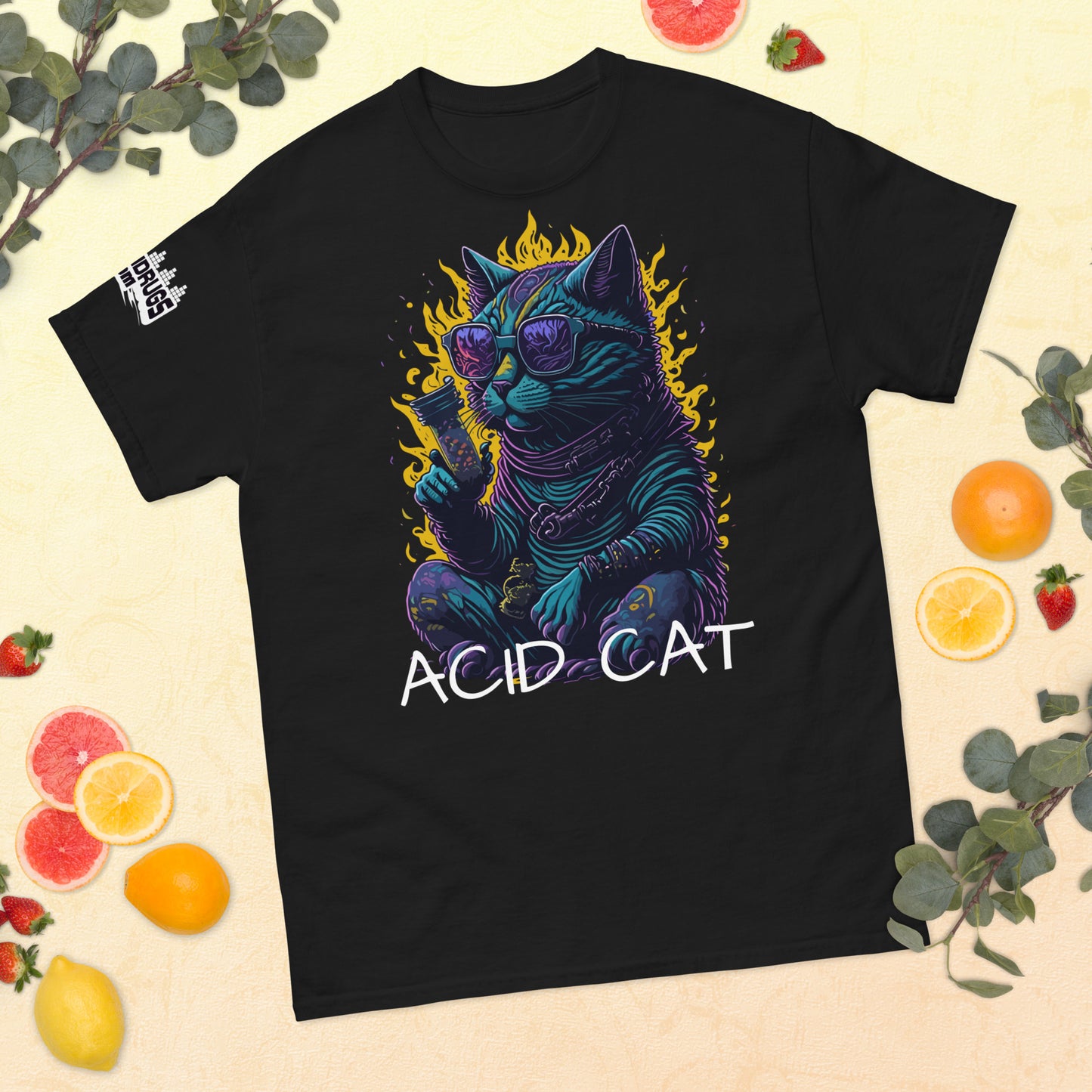 Acid T-Shirt vibrant festival outfit featuring trippy cat design