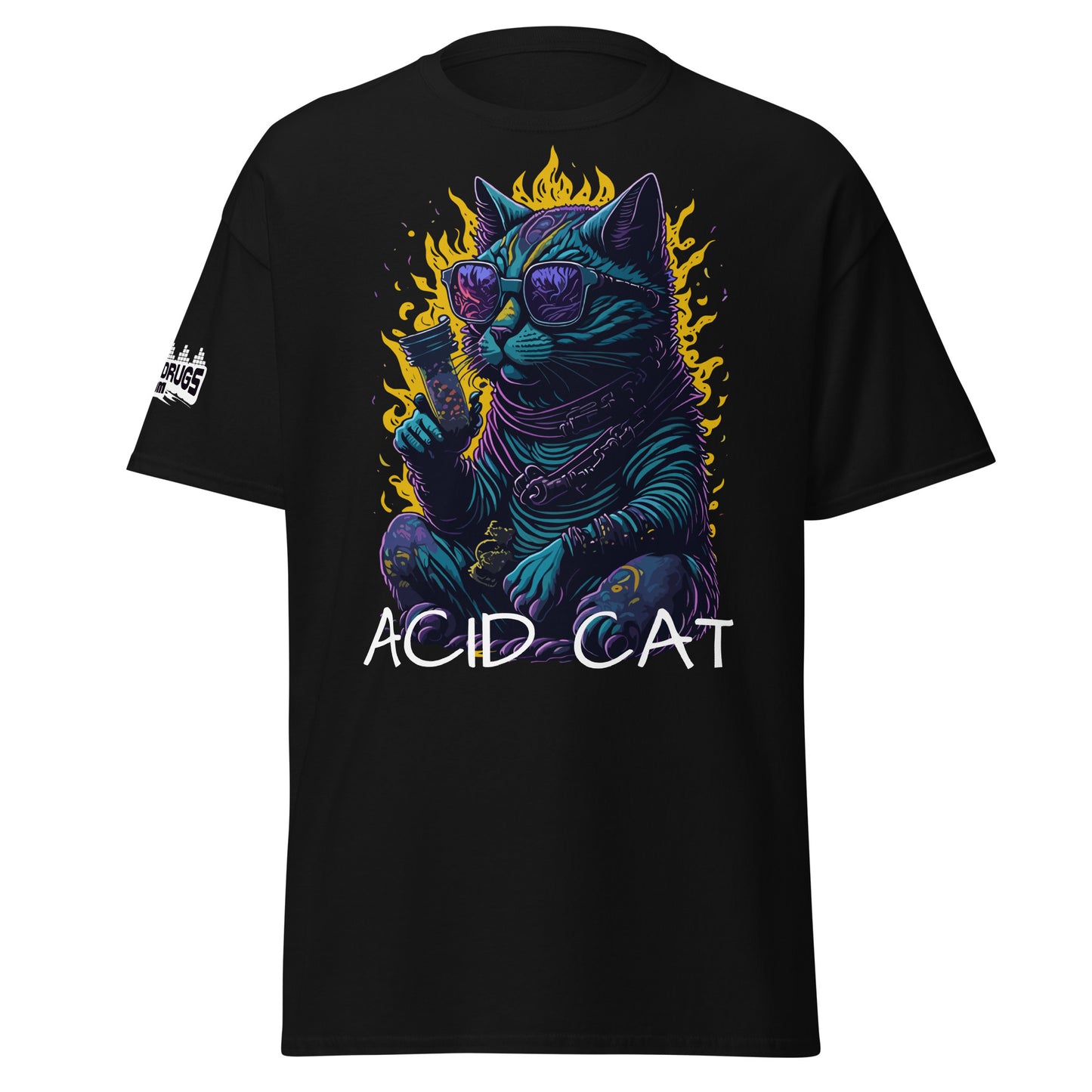 Acid T-Shirt with psychedelic cat graphic on white background