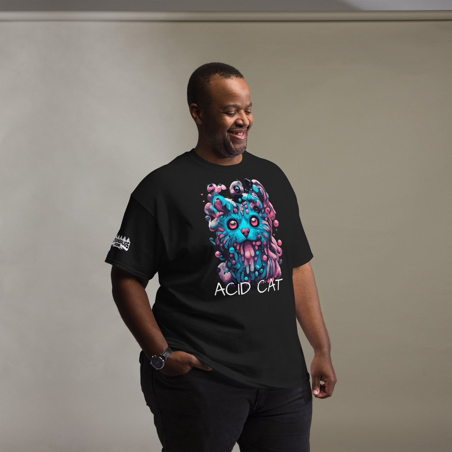Acid Tee front and back views of psychedelic Acid Cat design