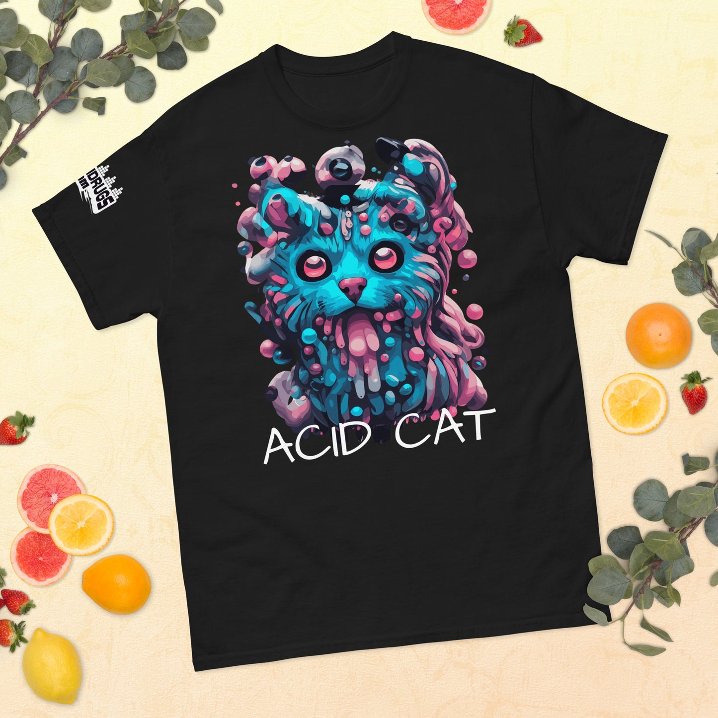 Acid Tee mockup showing shoulder-to-shoulder taping and quarter-turned fabric