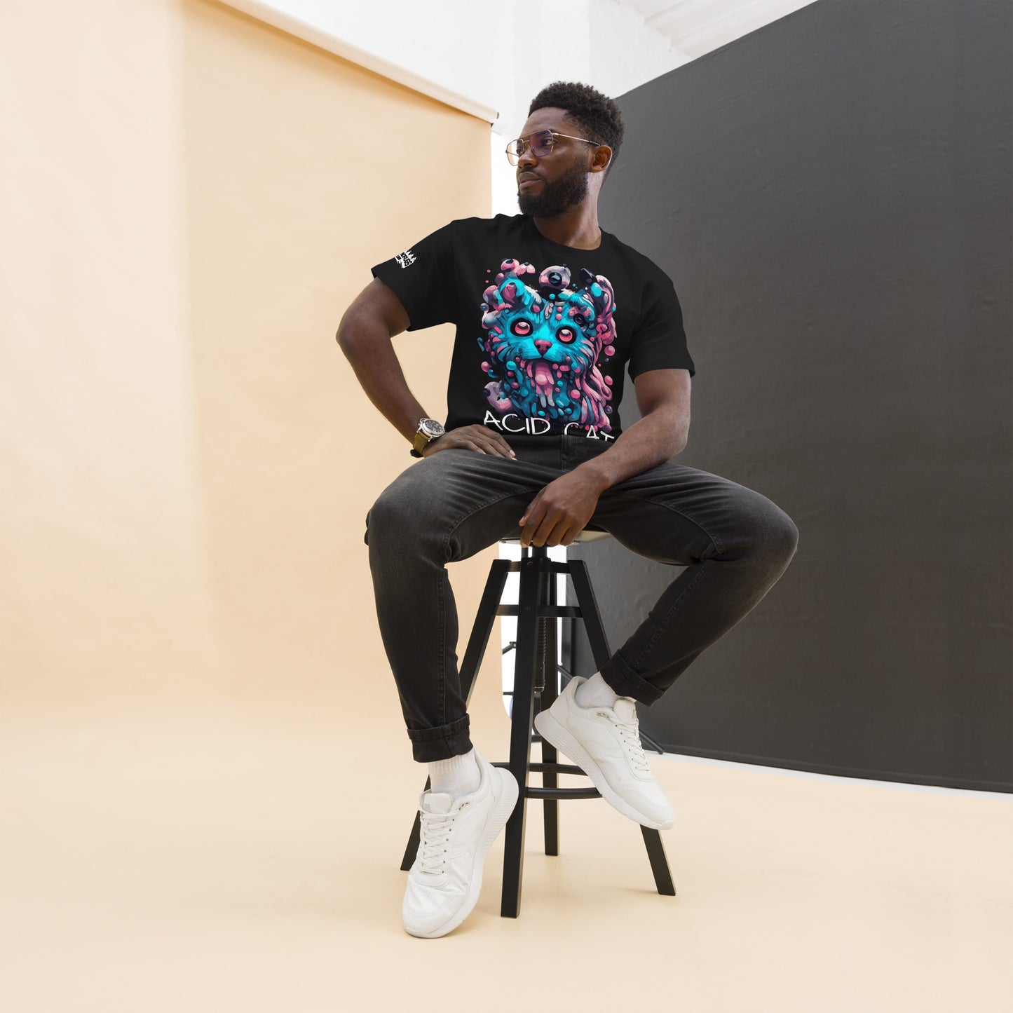Acid Tee styled on mannequin with psychedelic rave streetwear vibe