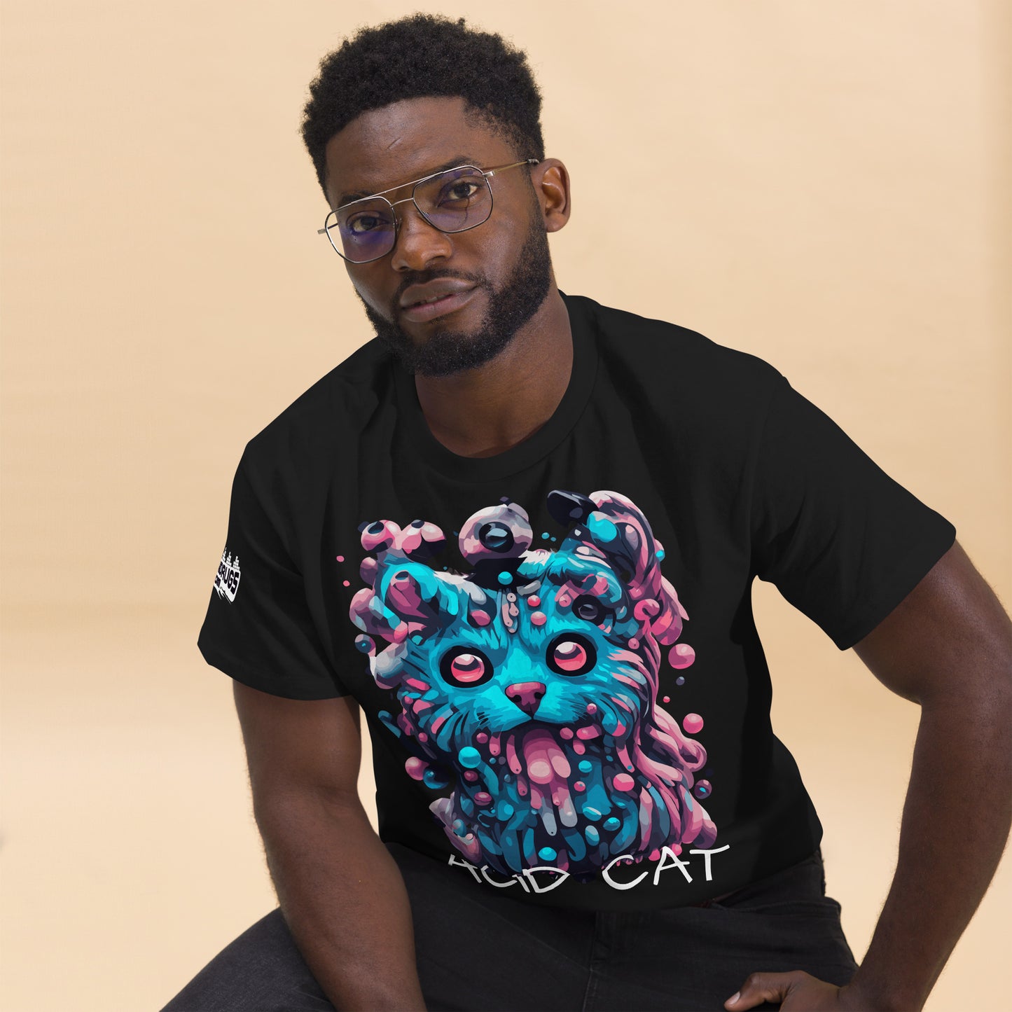 Acid Tee with trippy Acid Cat graphic in bold neon colors