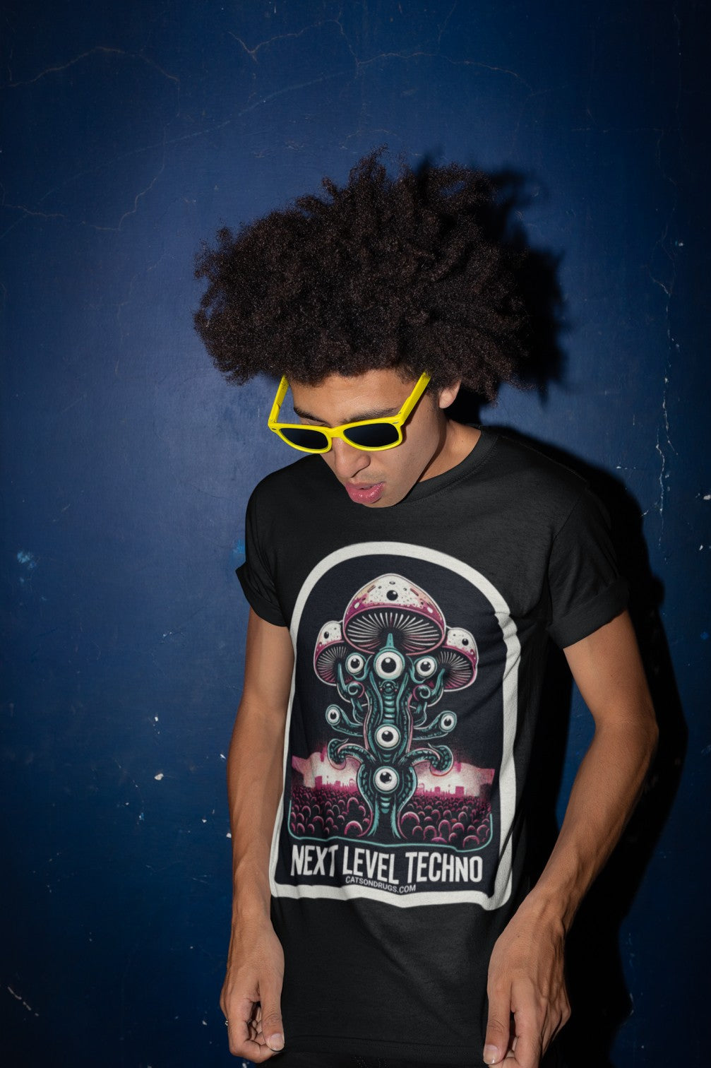 Back and side profile of Catsondrugs Rave T-Shirt showcasing unique artwork
