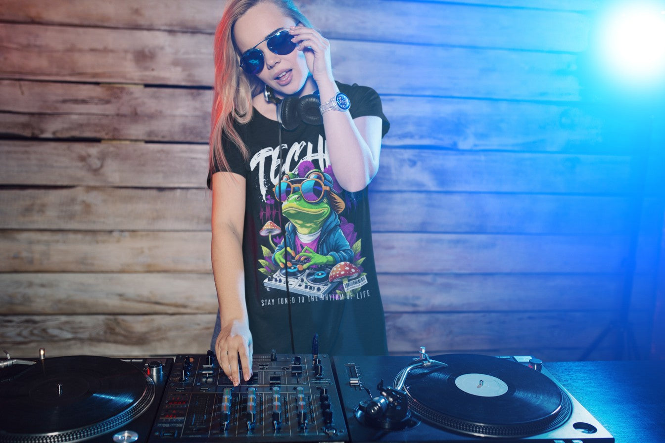 Back view of Techno Frog EDM Clothing T-shirt showing full design