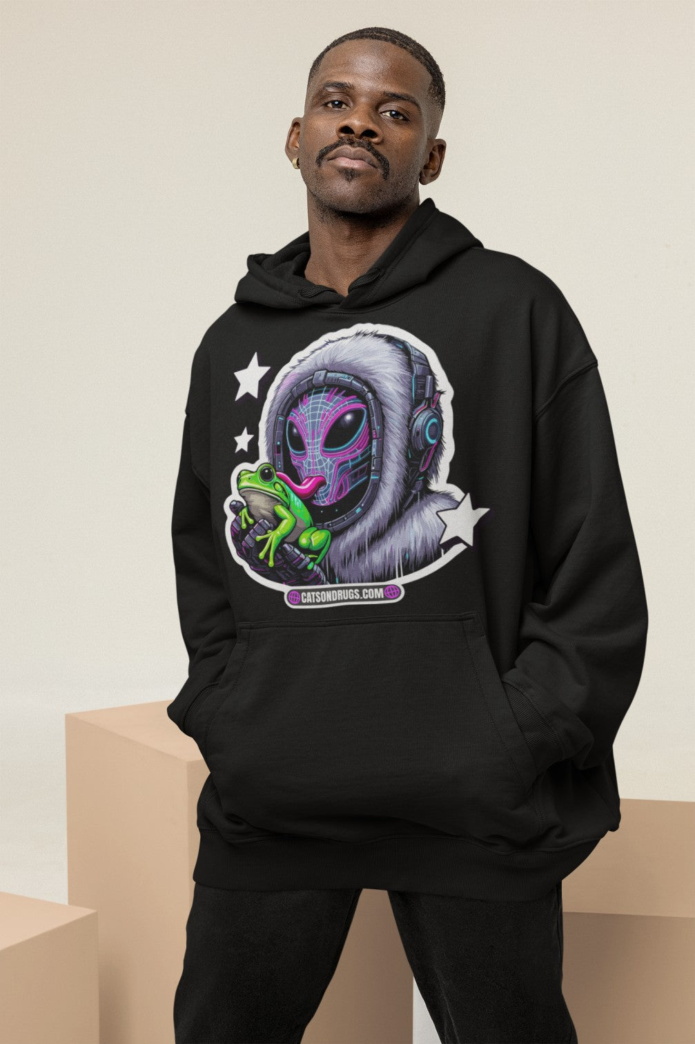 Back view of Trippy Clothing hoodie featuring alien frog psychedelic artwork