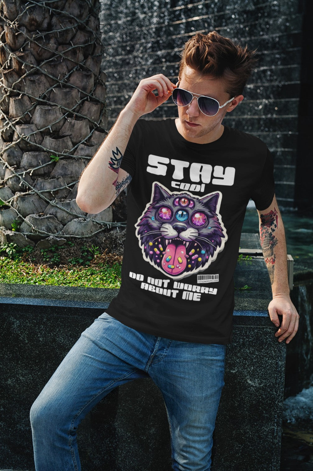 Camiseta EDM con estampado de gato estilo trippy