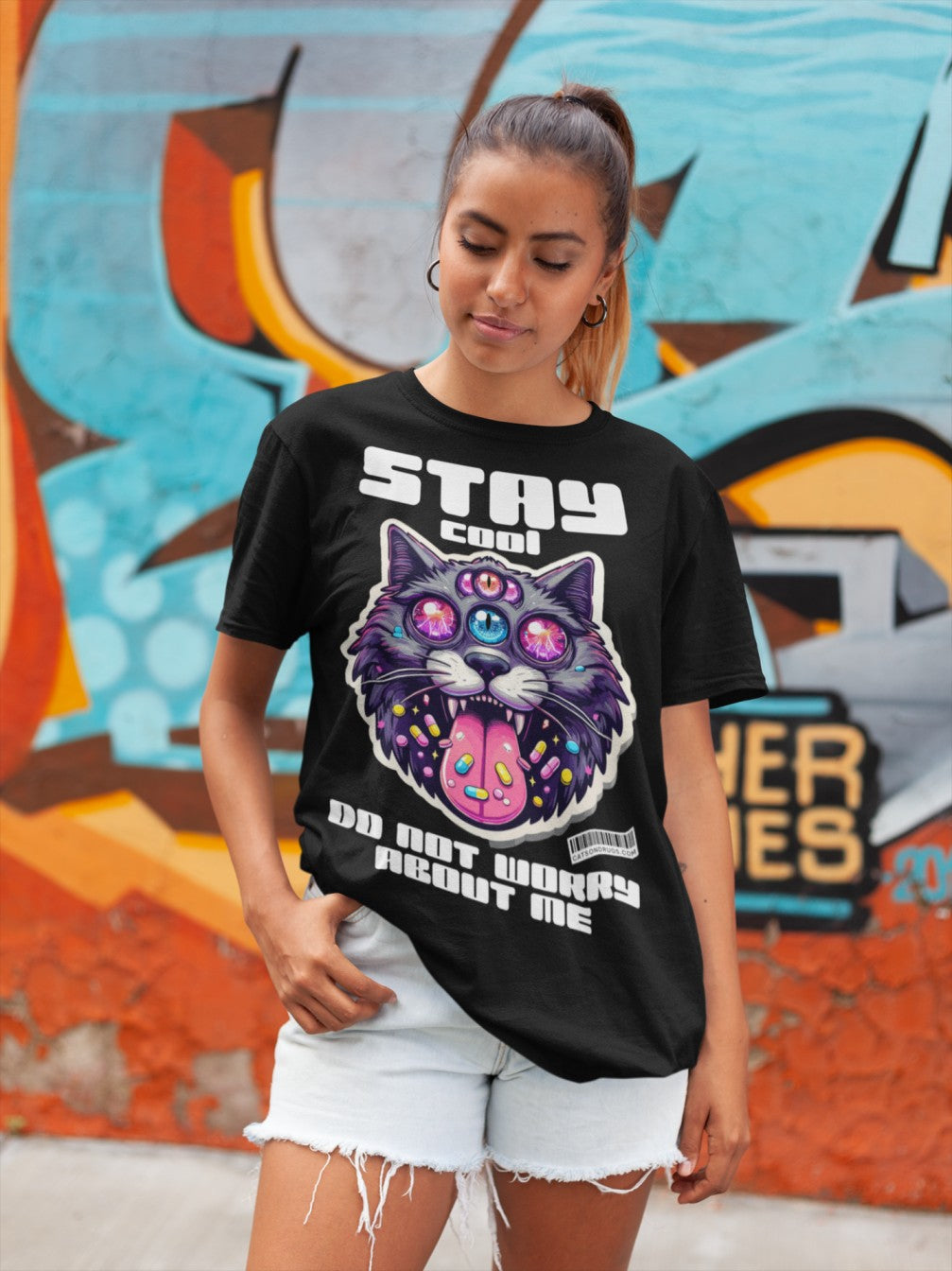 Camiseta EDM para mujer con estampado de gato trippy