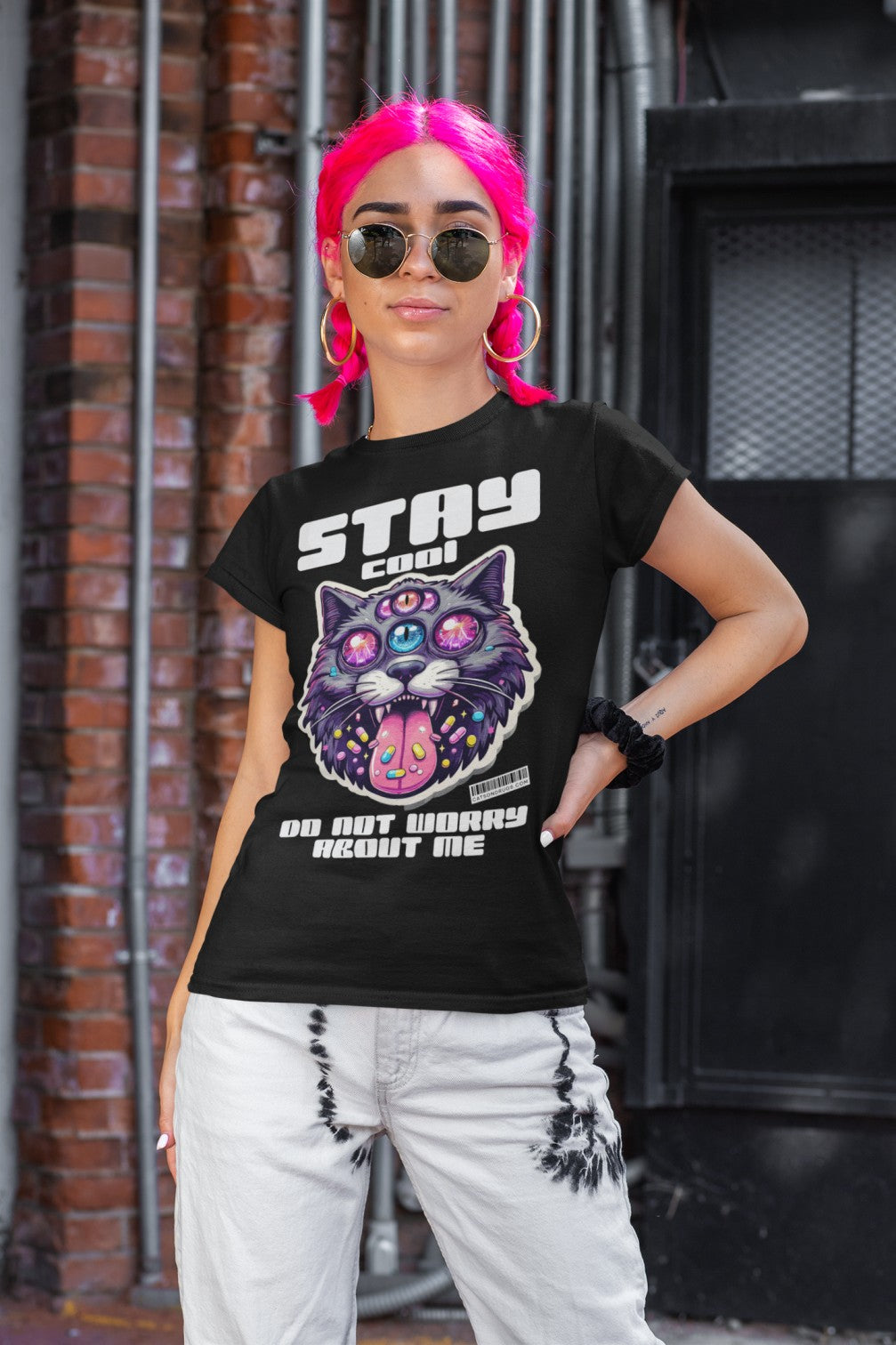 Camiseta EDM para rave con diseño de gato psicodélico