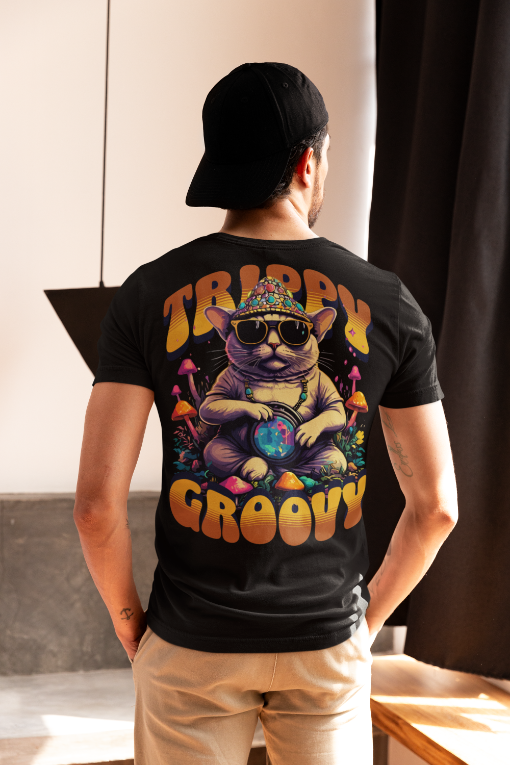 Camiseta Rave Hombre con diseño psicodélico de gato espacial