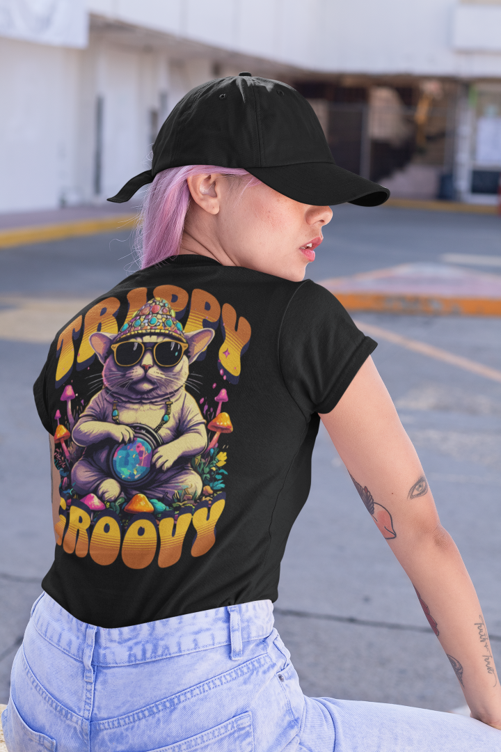 Camiseta Rave Mujer con ilustración psicodélica de gato cósmico