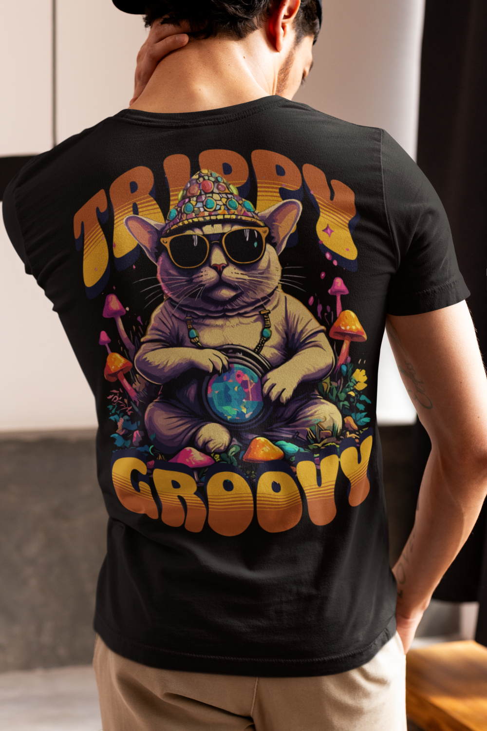 Camiseta de hombre para rave con estampado trippy de gato