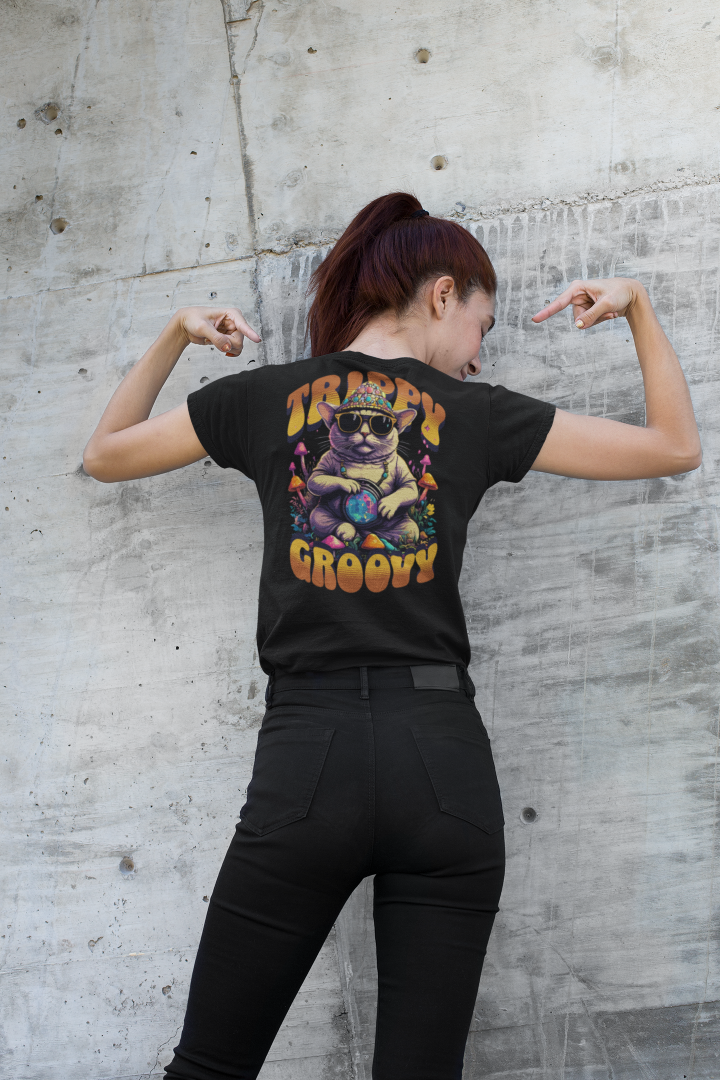 Camiseta de mujer para rave con diseño de gato estilo trippy