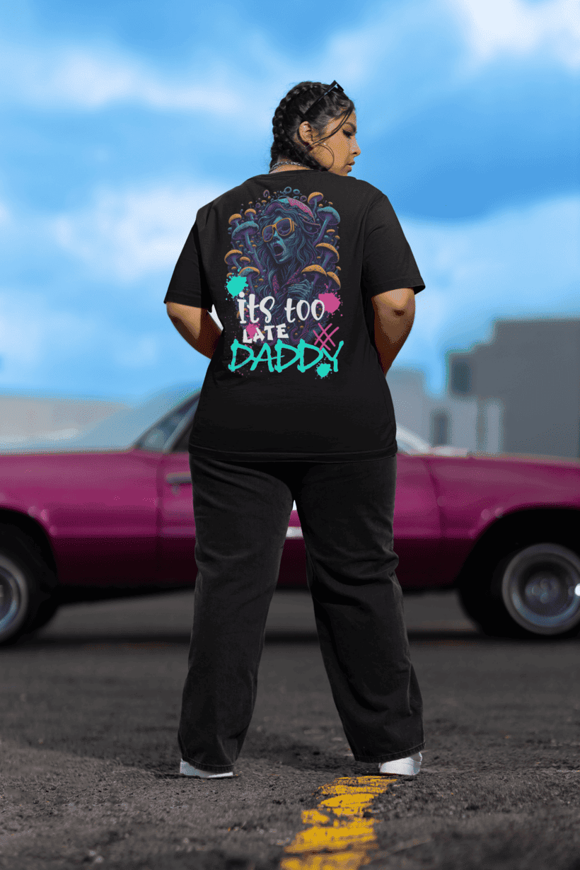 Close-up of Acid Wear “It’s Too Late Daddy” graphic design