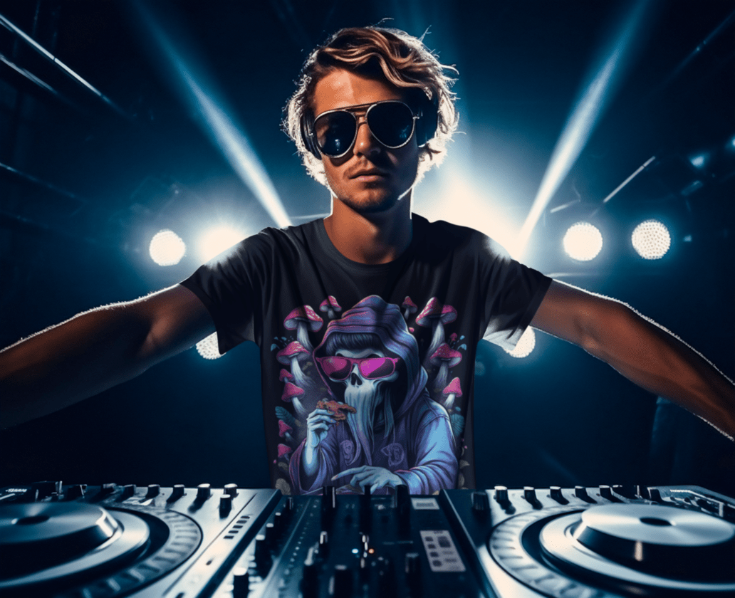 Close-up of DJ T-shirt ghost EDM artwork print