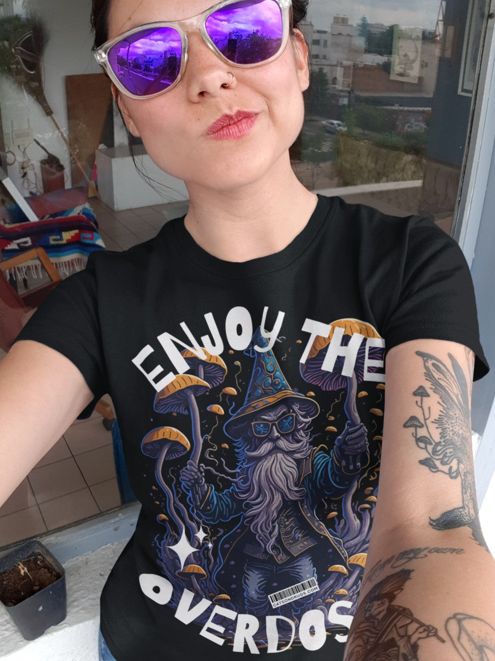 Close-up of trippy graphic on Enjoy the Overdose Streetwear Tee