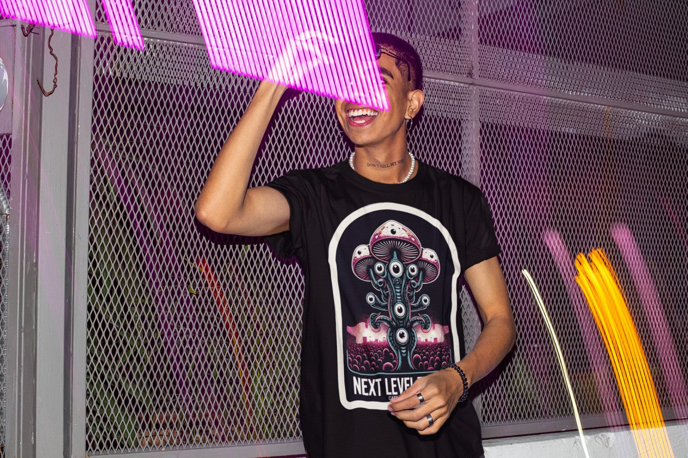 Close-up of vibrant graphic print on Next Level Techno Rave T-Shirt