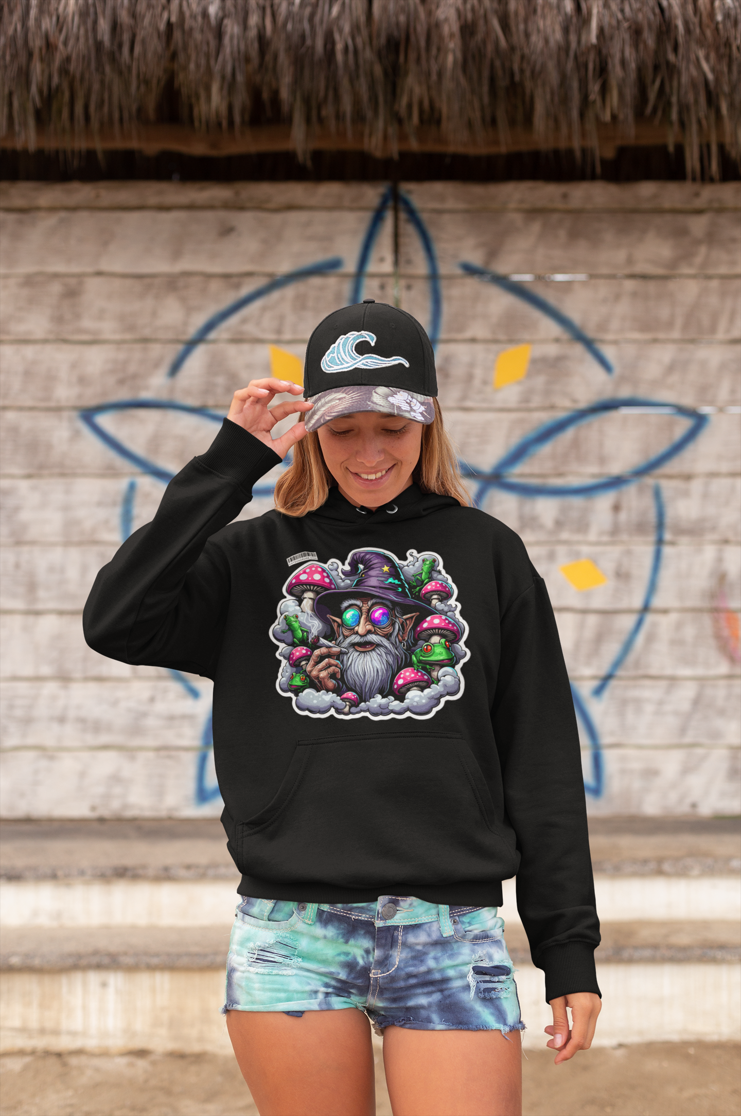 Colorful wizard illustration on trippy psychedelic hoodie