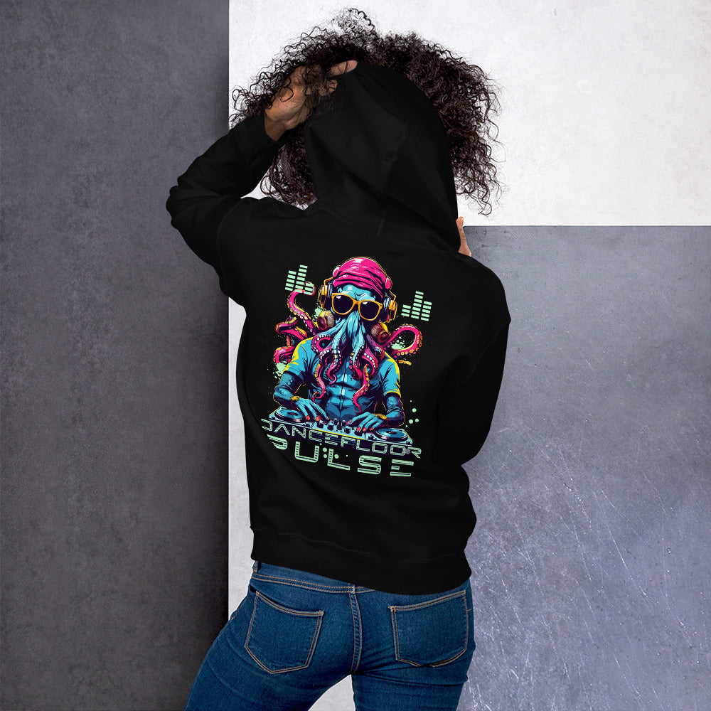 DJ Hoodie on dancefloor with colorful lights