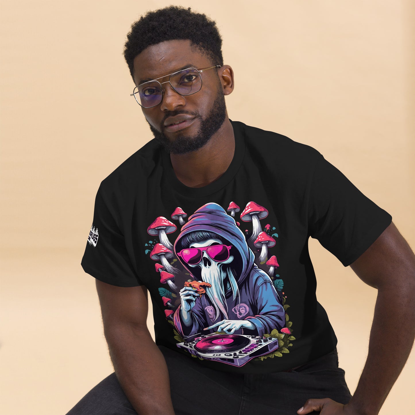 DJ T-shirt laid flat showing psychedelic ghost design