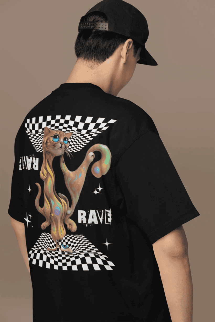 EDM wear statement shirt β fractal rave cat design