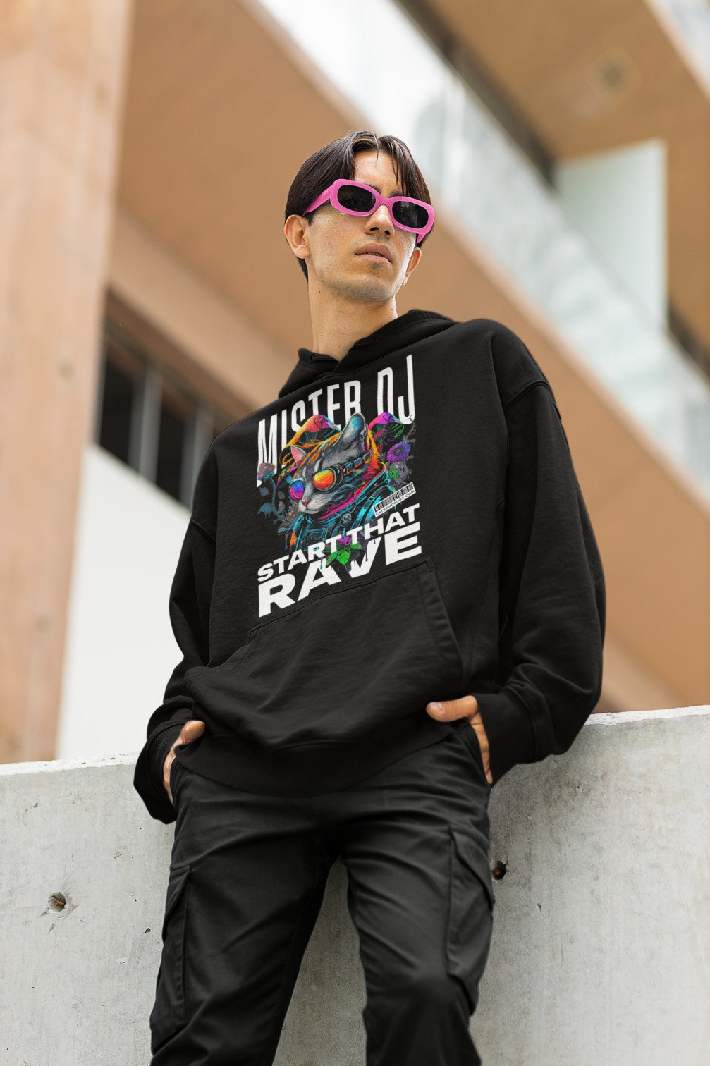 Festival-ready EDM Hoodie with neon cat DJ design