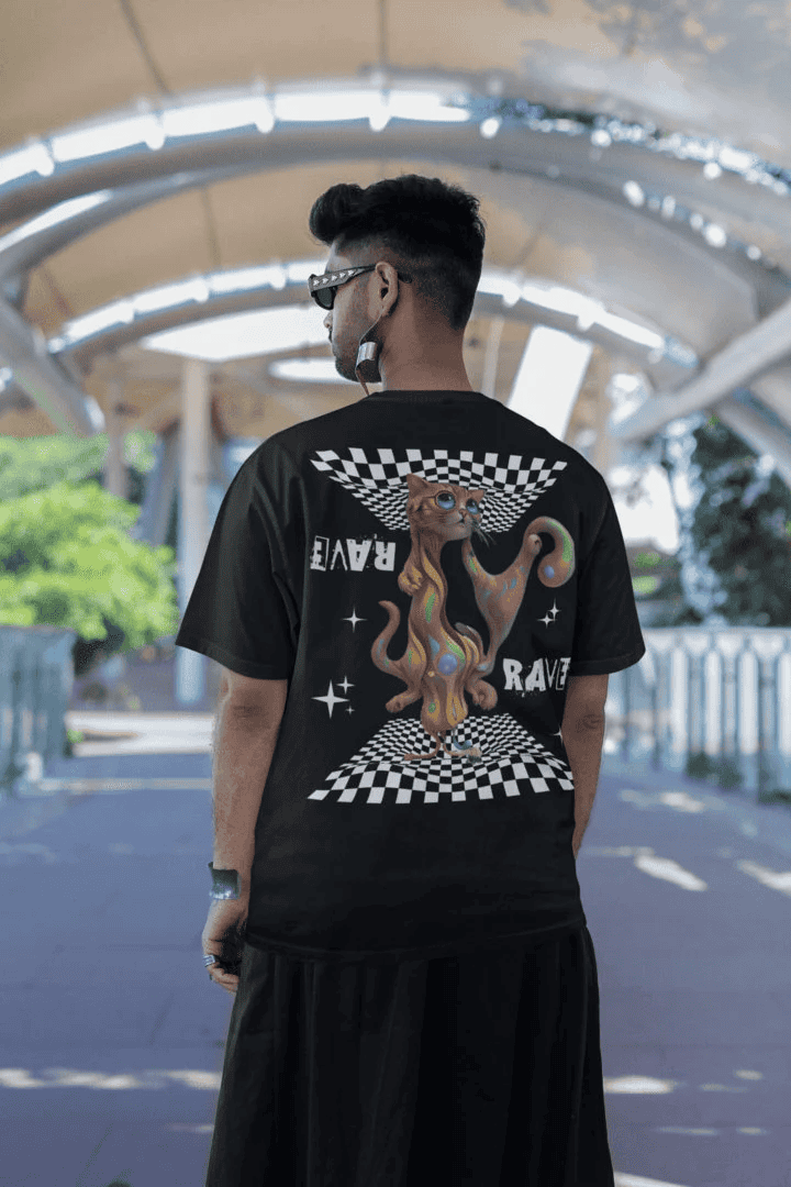Festival EDM wear β psychedelic rave cat T-shirt for parties