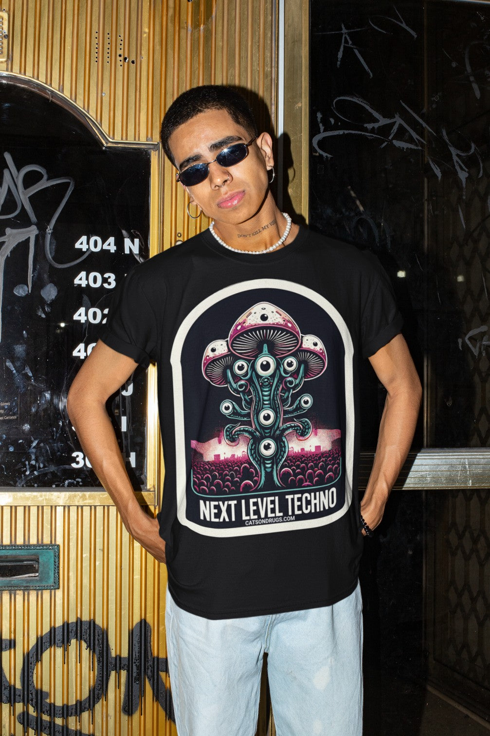 Flat lay of Next Level Techno Rave T-Shirt highlighting fabric texture