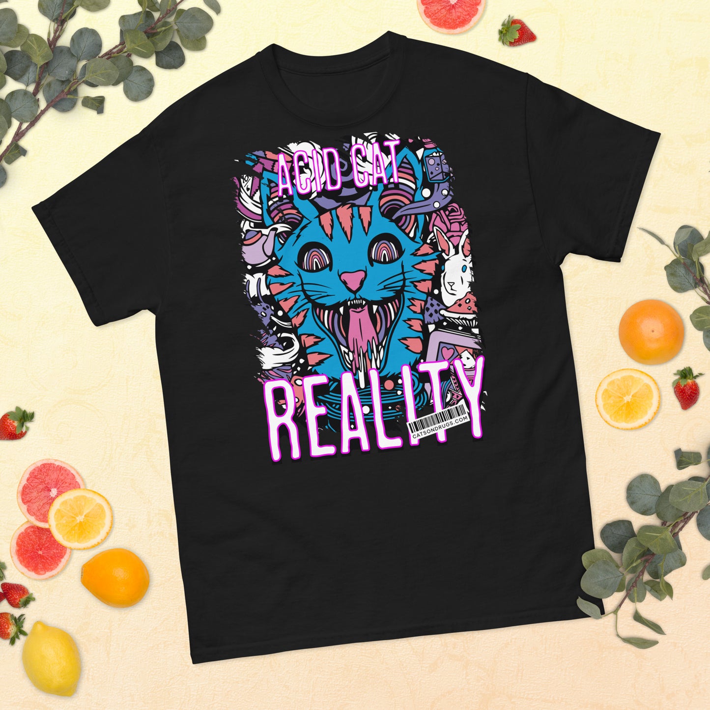 Folded Acid Cat Reality Streetwear T-Shirt highlighting premium fabric