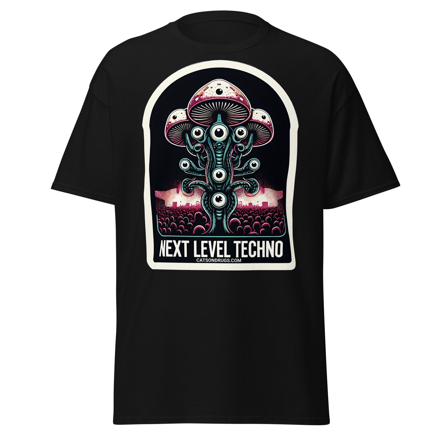 Front view of Next Level Techno Rave T-Shirt with bold graphic design
