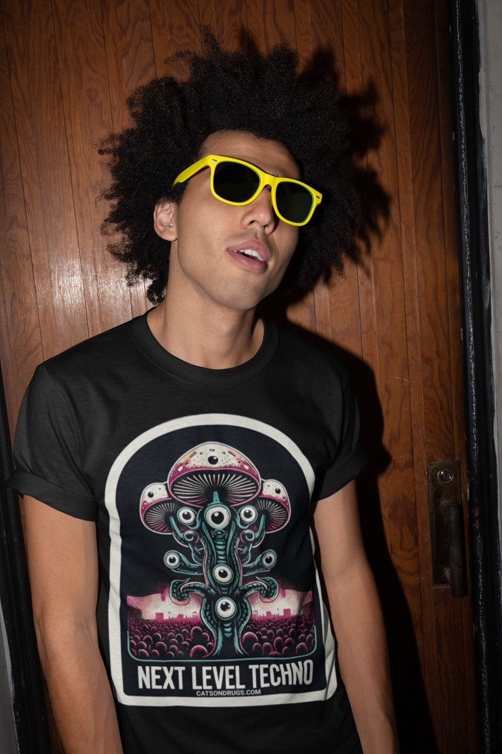 High-quality print on Catsondrugs Rave T-Shirt with techno design