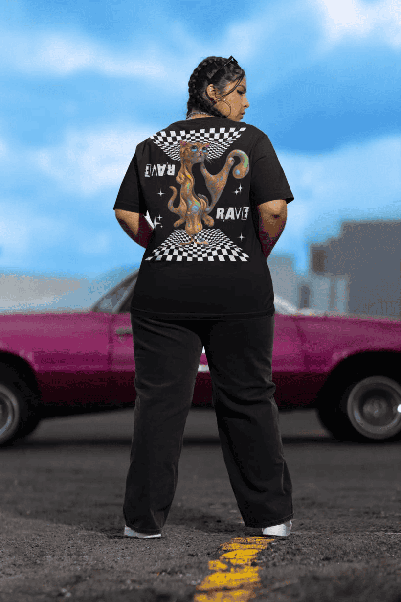 Lightweight EDM wear β fractal rave cat graphic T-shirt