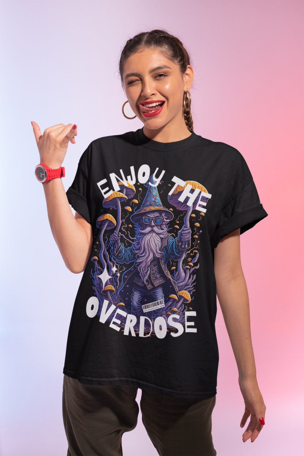 Model styling the Enjoy the Overdose Streetwear Tee at a music festival