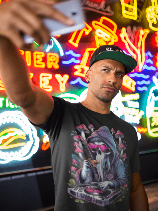 Model wearing DJ T-shirt at music festival