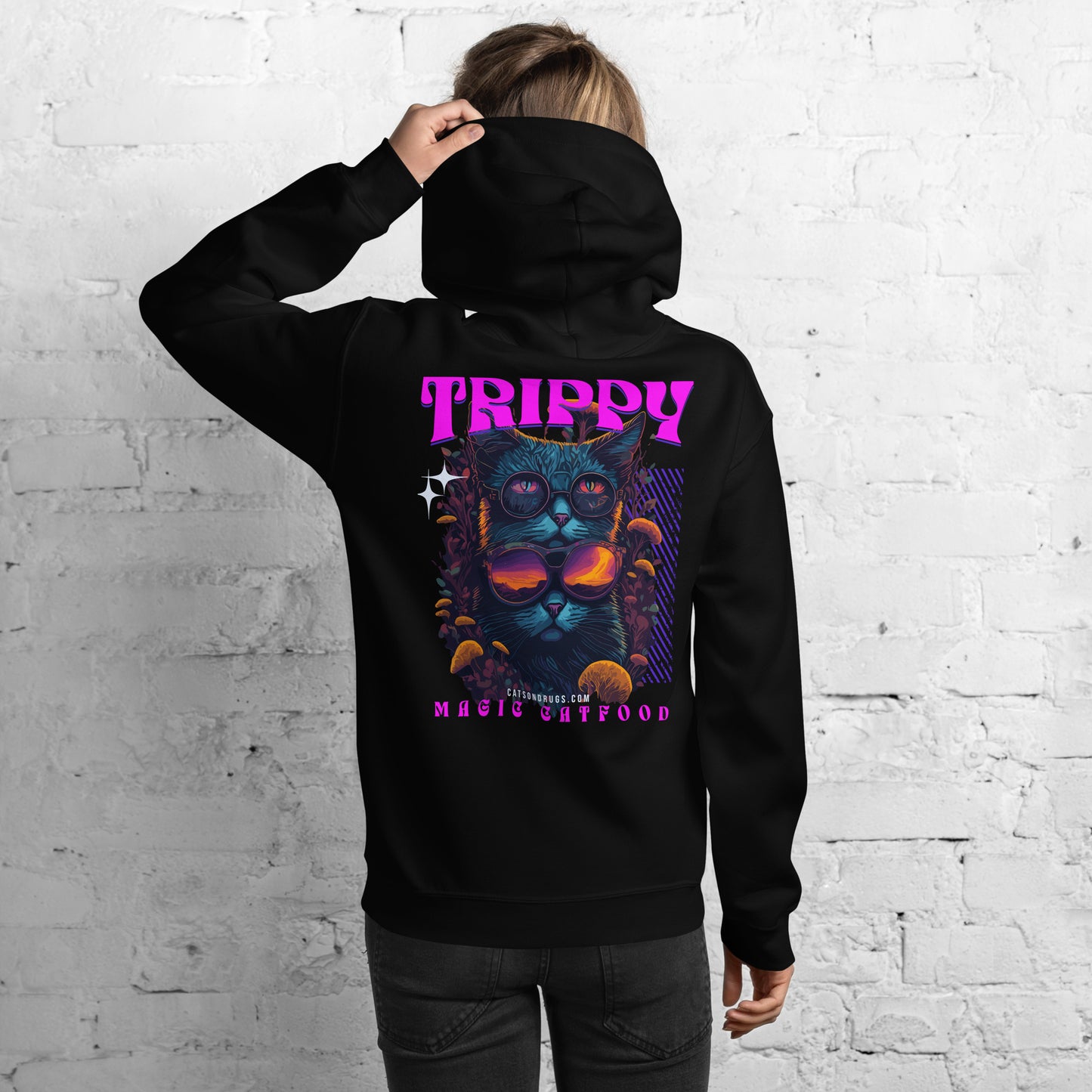 Model wearing the Trippy Hoodie Trippy Fashion at rave
