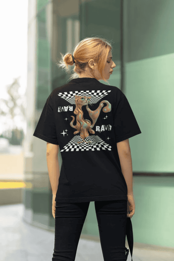 Psychedelic EDM wear tee with fractal cat print