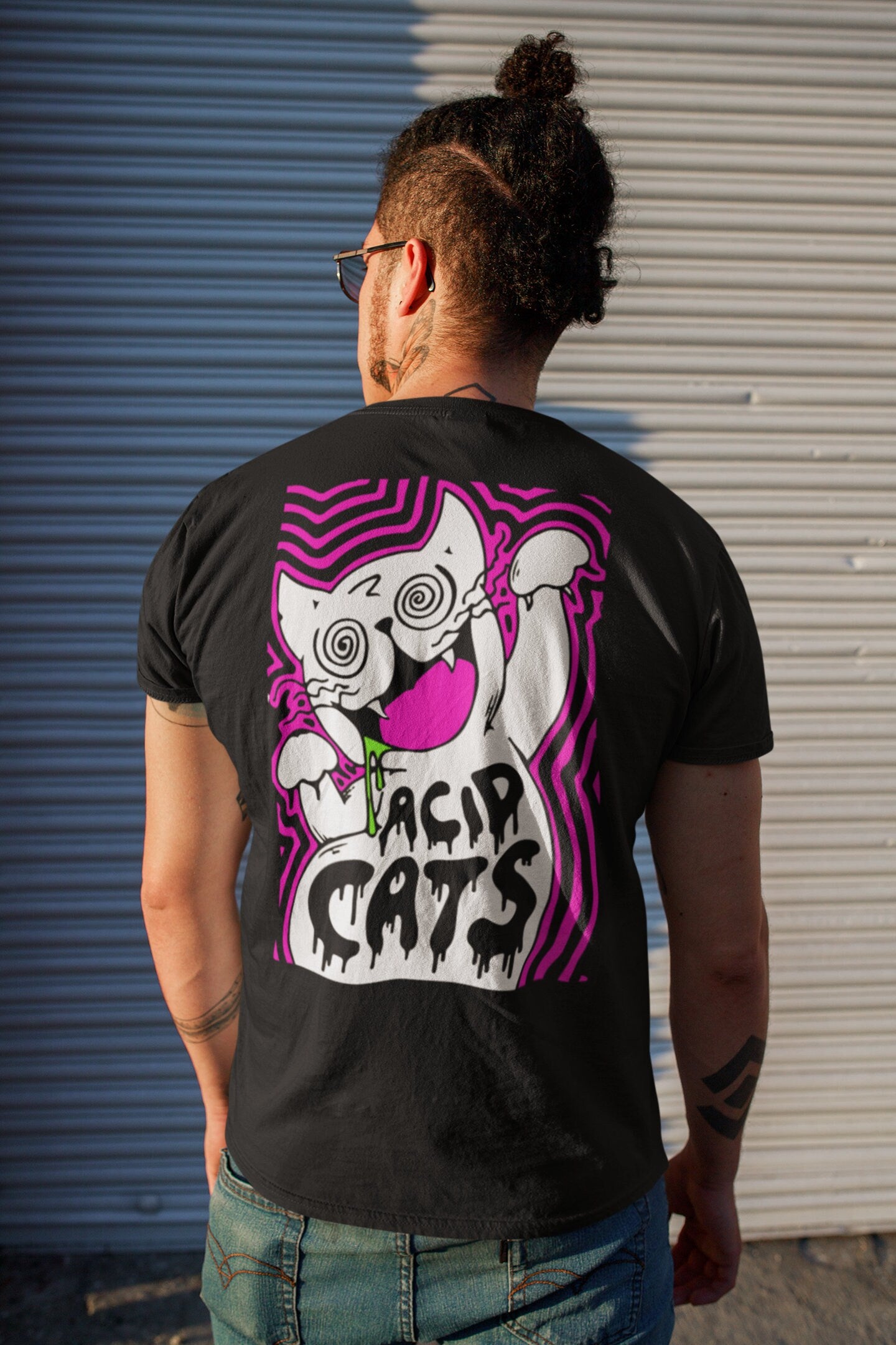 Psychedelic acid fashion T-shirt with acid cat artwork for street style
