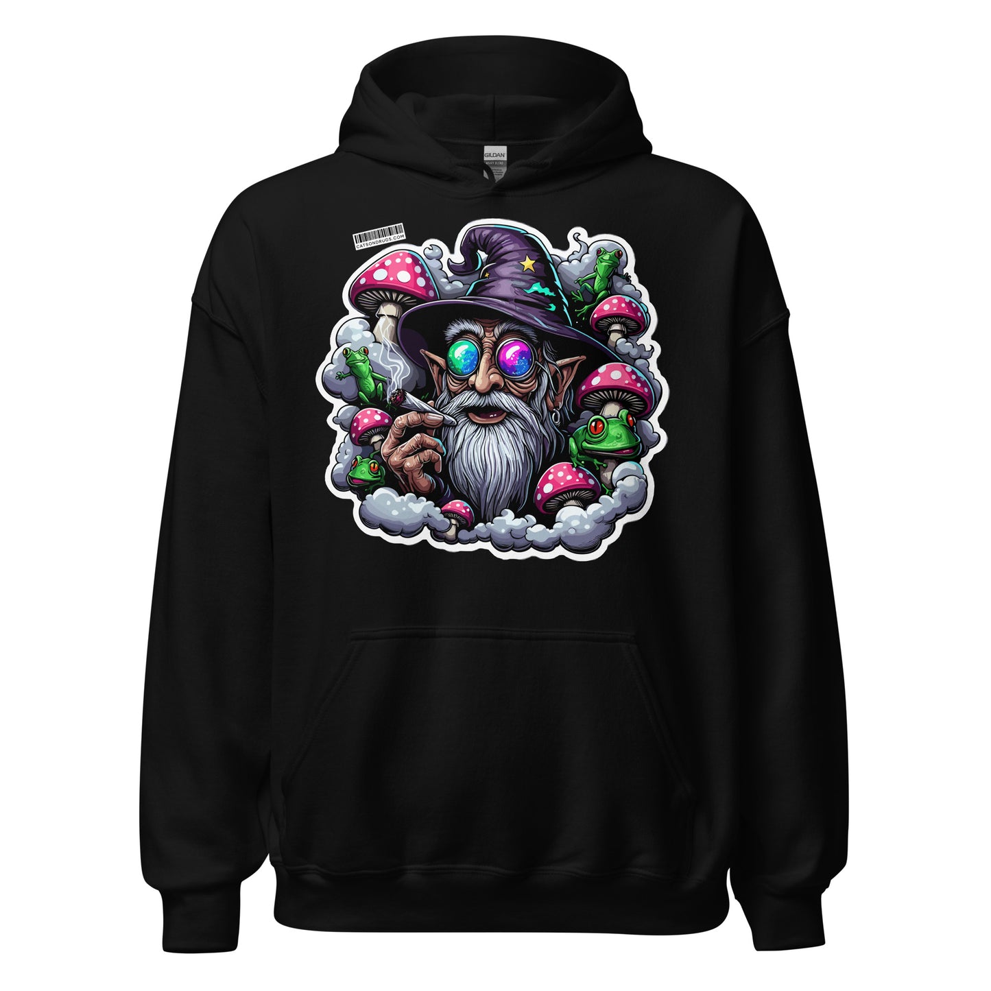 Psychedelic hoodie with trippy wizard graphic in neon colors