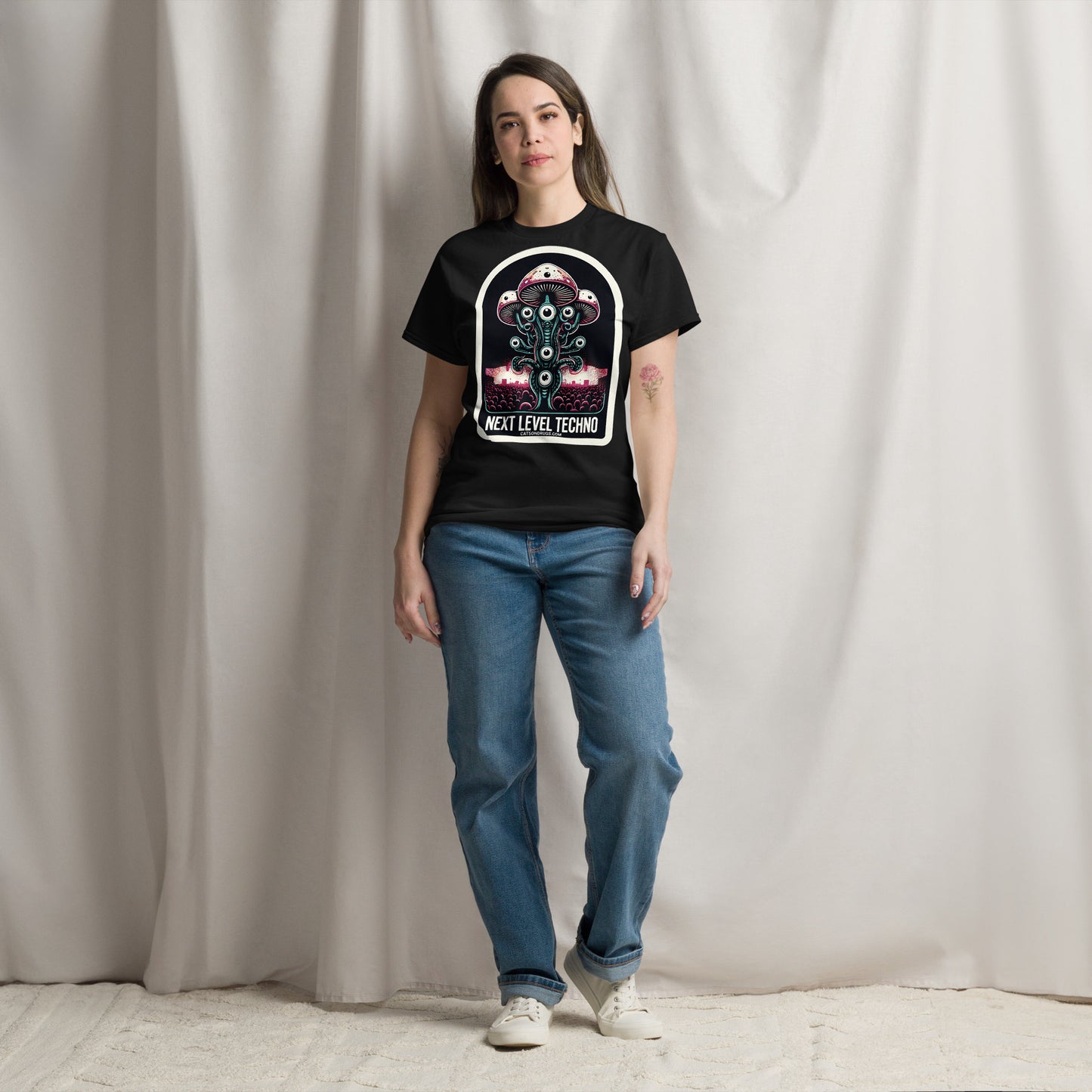Rave-inspired aesthetic with Next Level Techno Rave T-Shirt under neon lights