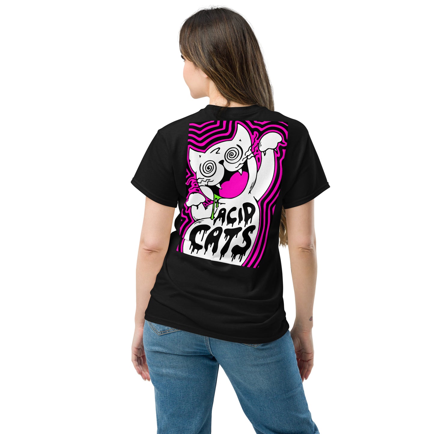 Rave style acid fashion tee with bold psychedelic cat illustration
