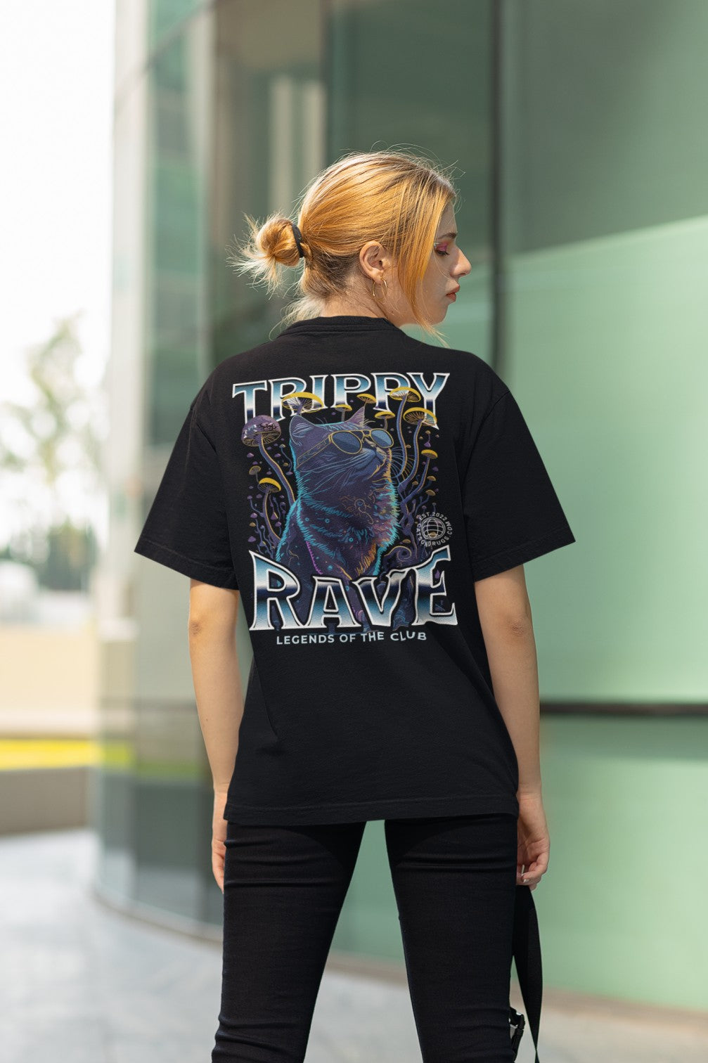 Schrilles Rave Shirt Katze – Techno Klamotten
