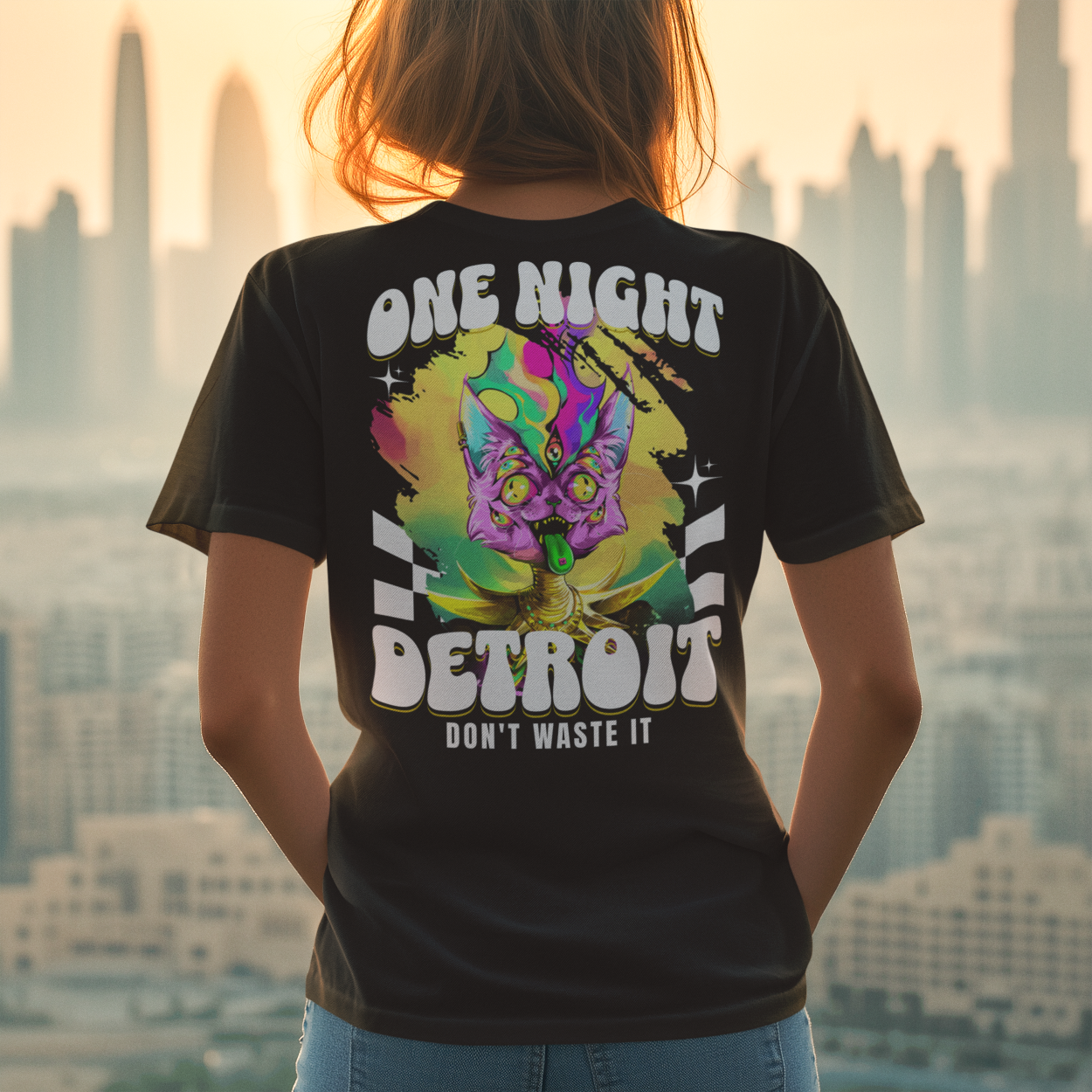 Schwarzes Band-Shirt mit Detroit-Print – Fashion für Festivals
