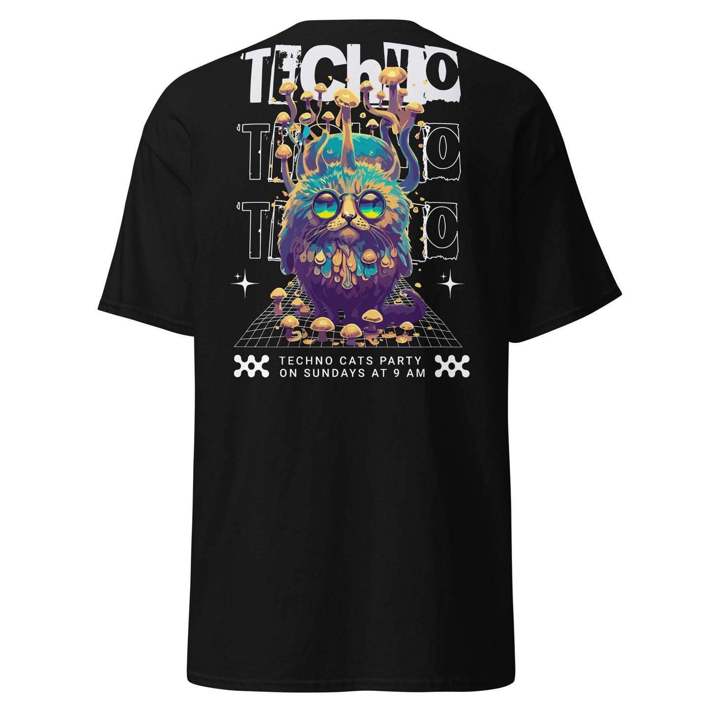 Schwarzes T-Shirt mit minimalistischer Techno-Katze – schlichte Mode für Techno-Fans“