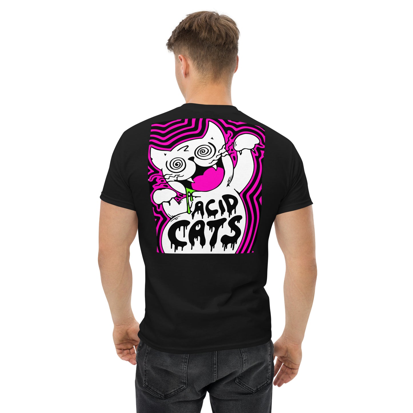 Soft cotton acid fashion T-shirt showcasing acid cat artβunisex