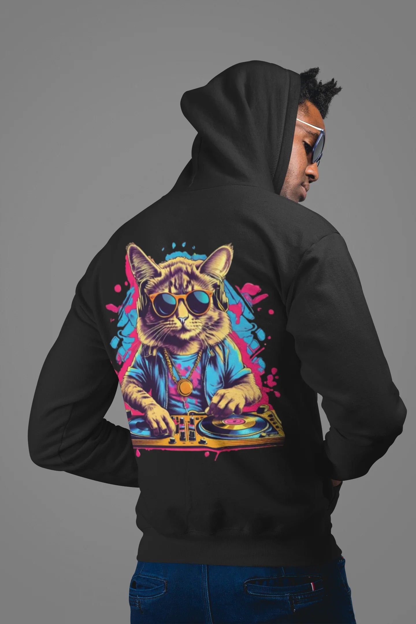 Techno Cat Hoodie mit psychedelischem Design – ideal für Techno Fans